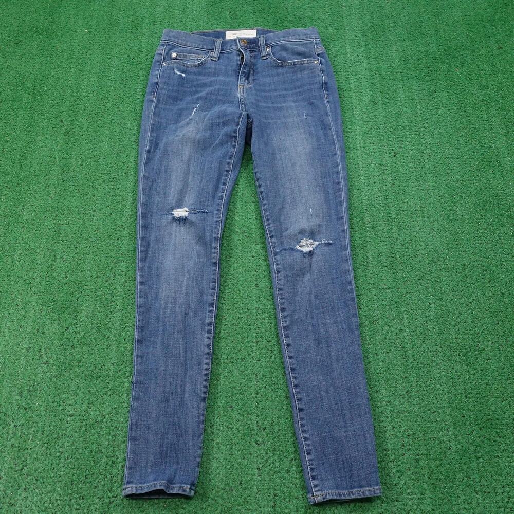 Gap 1969 Trueโ Skinny Jeans Womens 26 Blue Mid Rise Distressed Stretch Denim